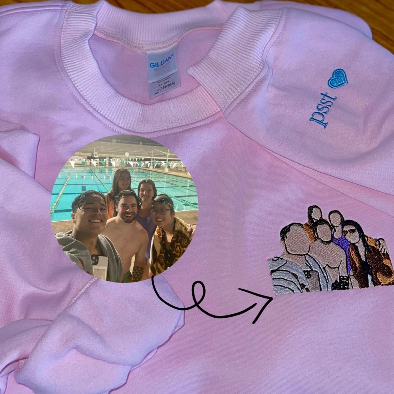 Custom embroidered bestie sweatshirt with friend portrait and initials on sleeve, a perfect personalized gift.