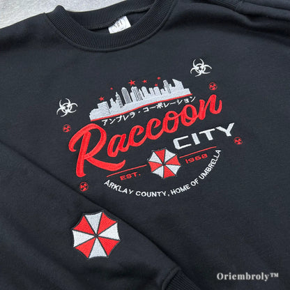 close up biohazard symbol embroidery on crewneck