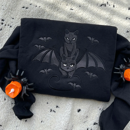 Embroidered Halloween Black Cat Sweatshirt – Gothic Bat Tee, Spooky Season Cat Lover Shirt