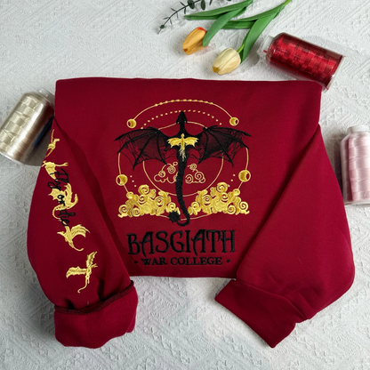 Cozy bookish embroidered sweatshirt featuring Basgiath War College, perfect for Fourth Wing & fantasy book lovers.