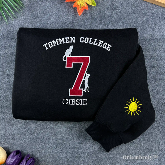 Black Tommen College embroidered sweatshirt with red number 7 and Gibsie text