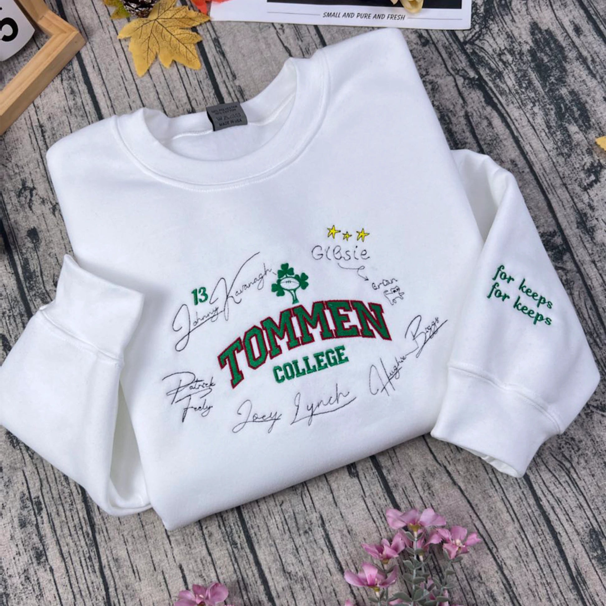 Boys of Tommen embroidered sweatshirt inspired by Binding 13. Tommen College crewneck featuring Johnny Kavanagh & Lynch Joey embroidery. Perfect bookish merch for fans.