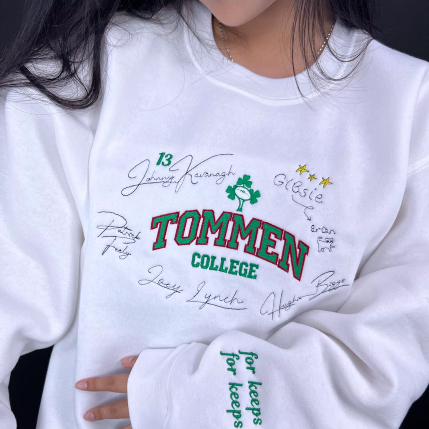 Boys of Tommen embroidered sweatshirt inspired by Binding 13. Tommen College crewneck featuring Johnny Kavanagh & Lynch Joey embroidery. Perfect bookish merch for fans.