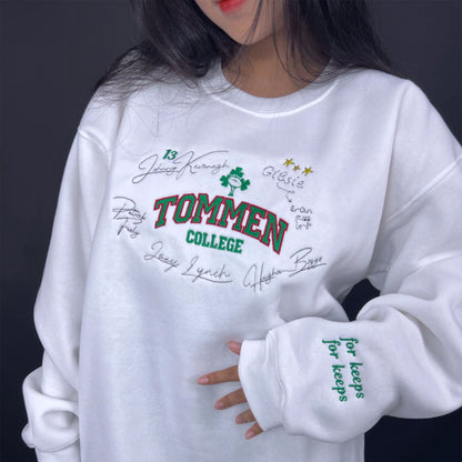 Boys of Tommen embroidered sweatshirt inspired by Binding 13. Tommen College crewneck featuring Johnny Kavanagh & Lynch Joey embroidery. Perfect bookish merch for fans.