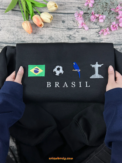 Tropical bird and Brazil flag embroidered crewneck sweatshirt