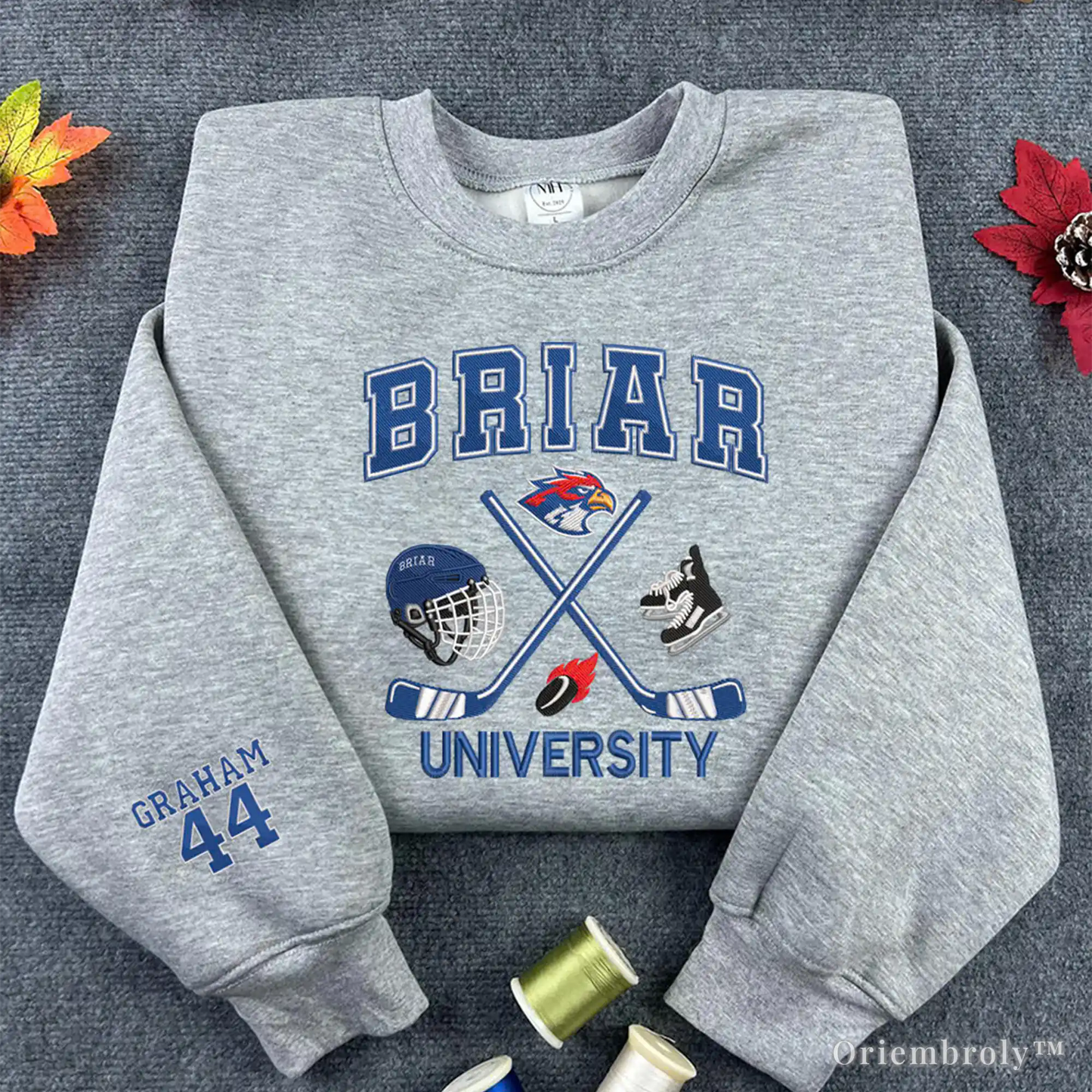 Briar University hockey embroidered sweatshirt Graham 44 design