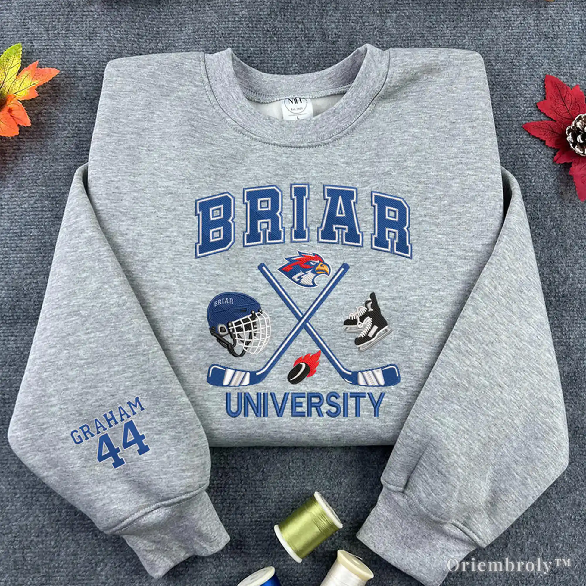 Briar University hockey embroidered sweatshirt Graham 44 design