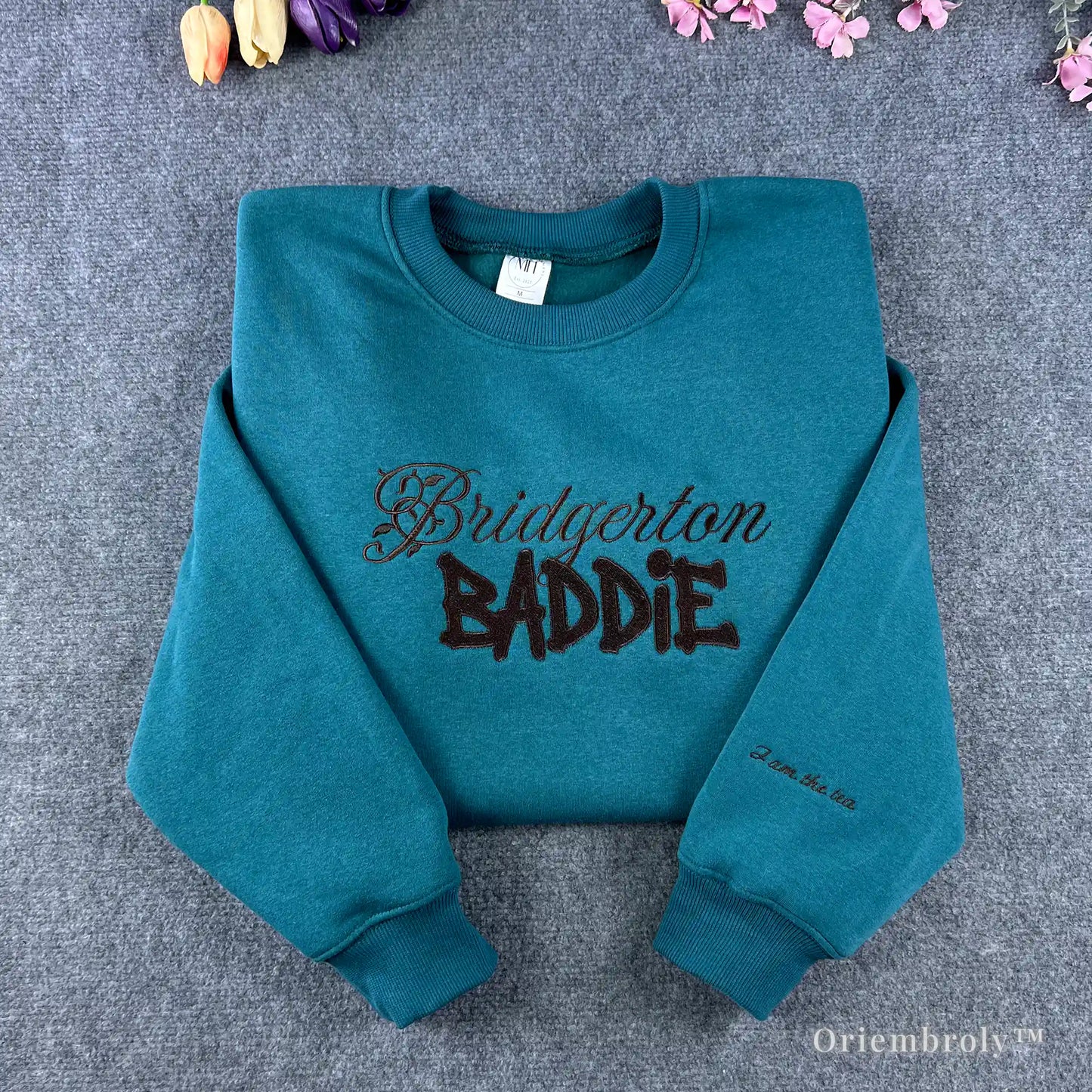 Teal Bridgerton Baddie embroidered sweatshirt with elegant cursive and bold text