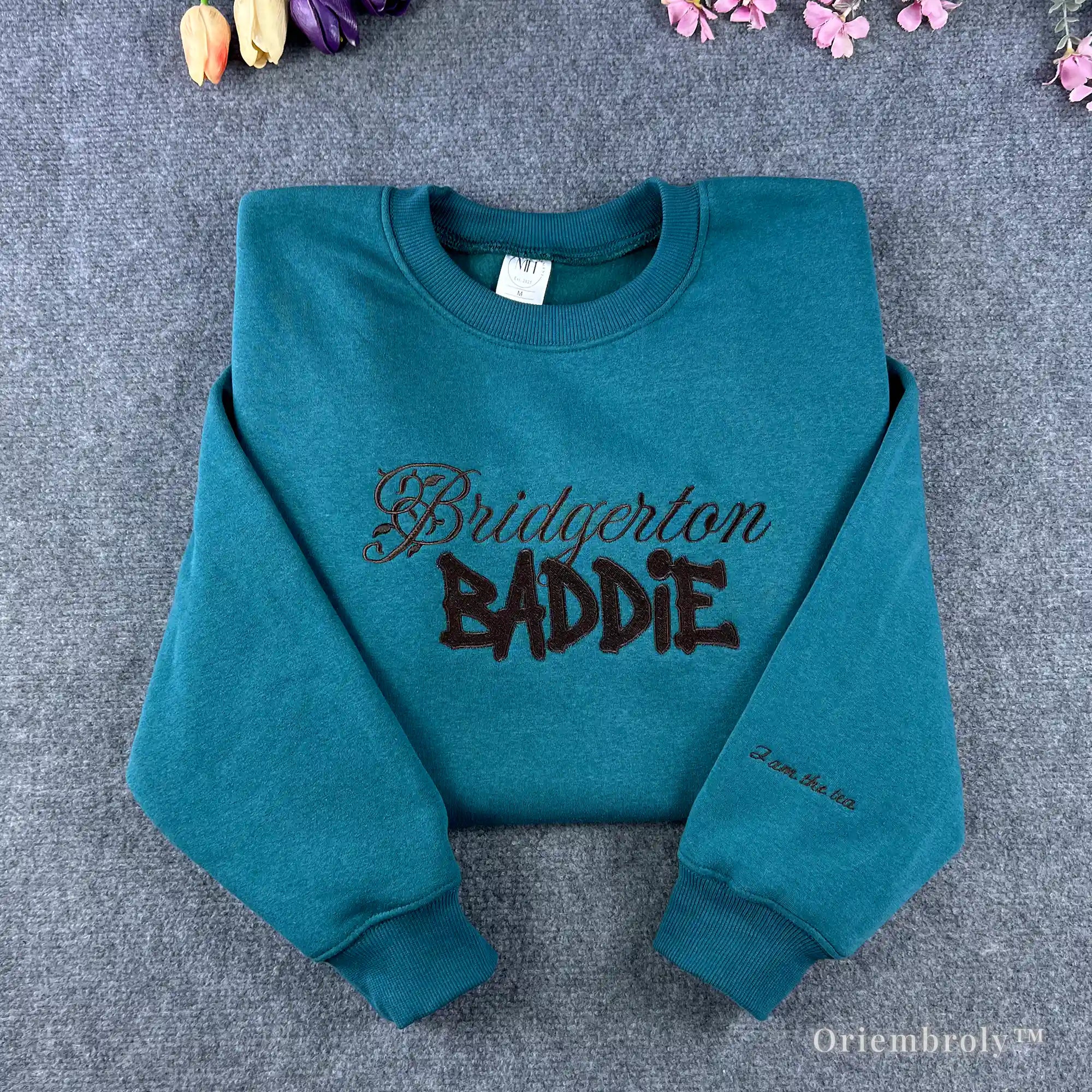 Teal Bridgerton Baddie embroidered sweatshirt with elegant cursive and bold text