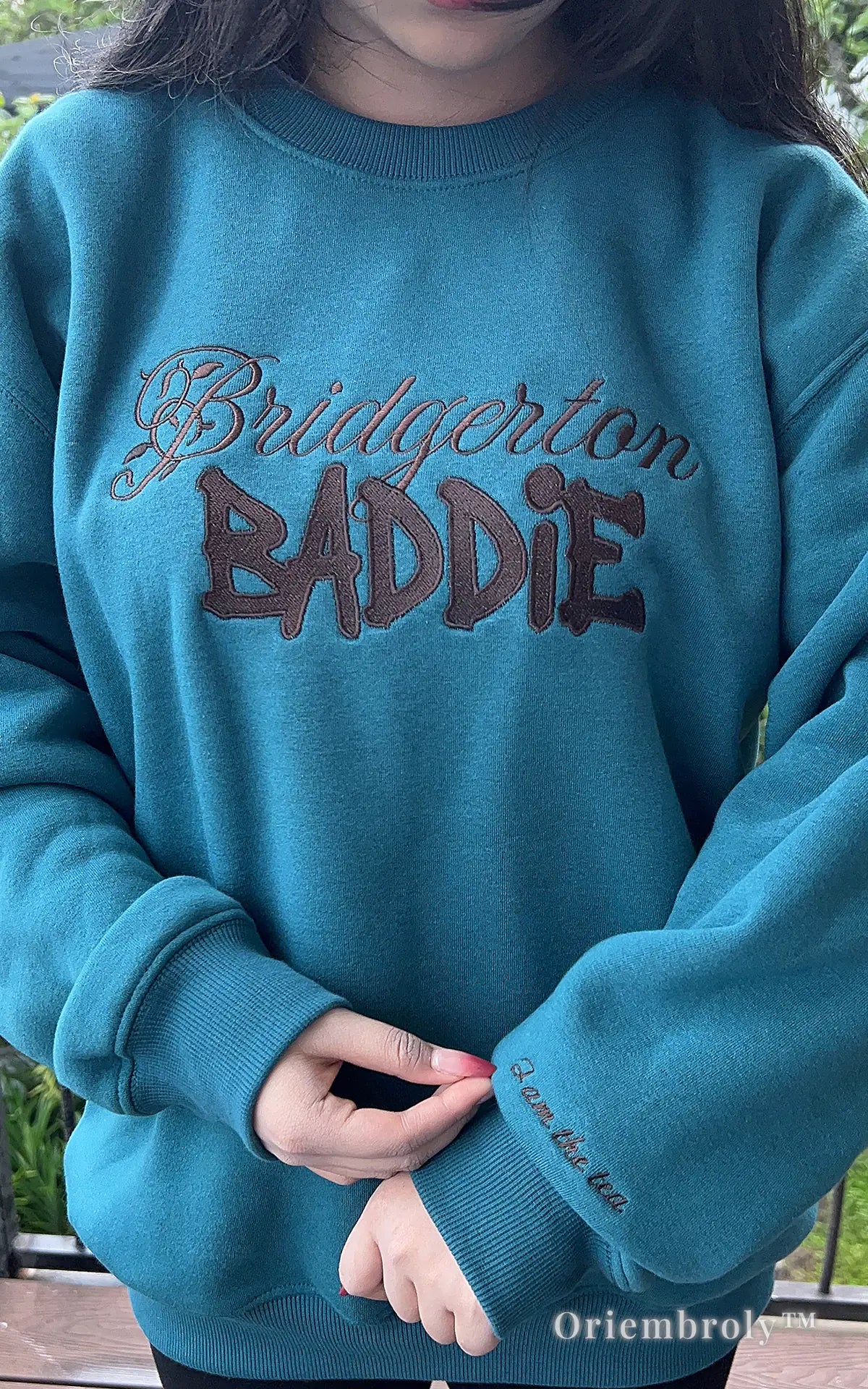 Bridgerton inspired embroidered pullover in teal, perfect gift for fans of the Netflix series