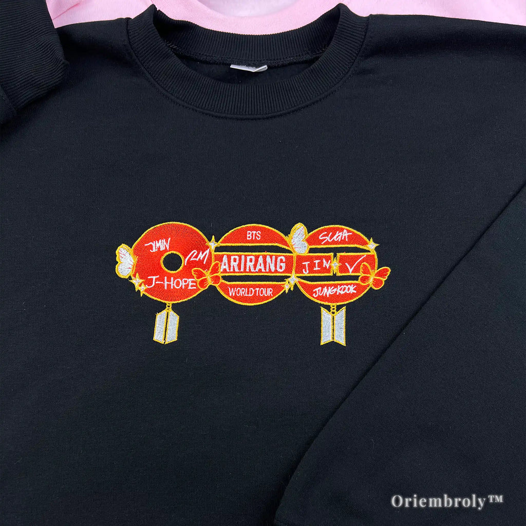 BTS Proof inspired black hoodie with iconic red circle embroidery on the chest