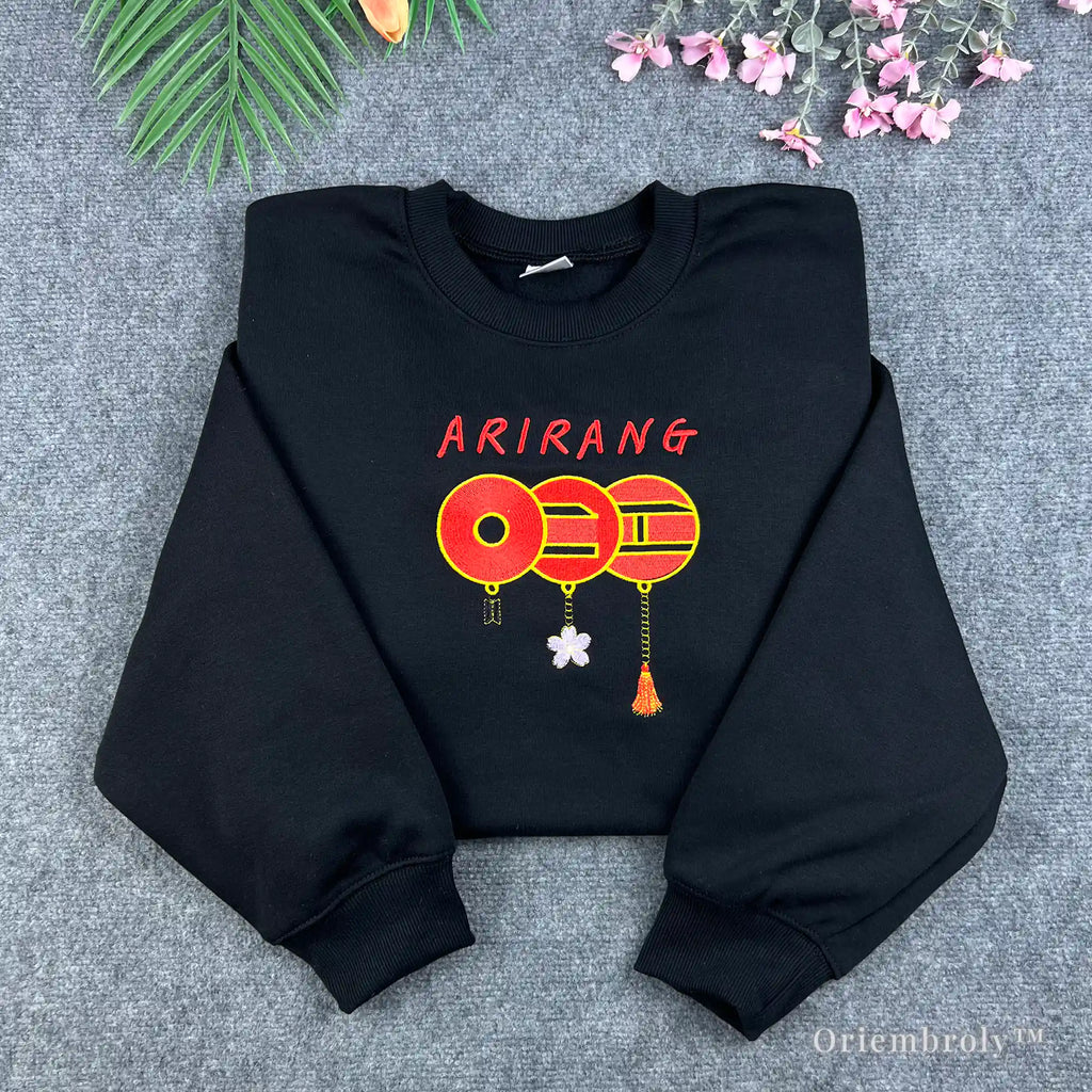 Black BTS embroidered sweatshirt with iconic three red circles logo for ARMY