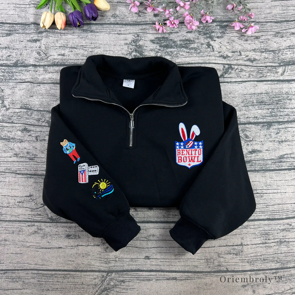 Bunny silhouette embroidery on football-inspired sweatshirt