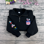 Bunny silhouette embroidery on football-inspired sweatshirt