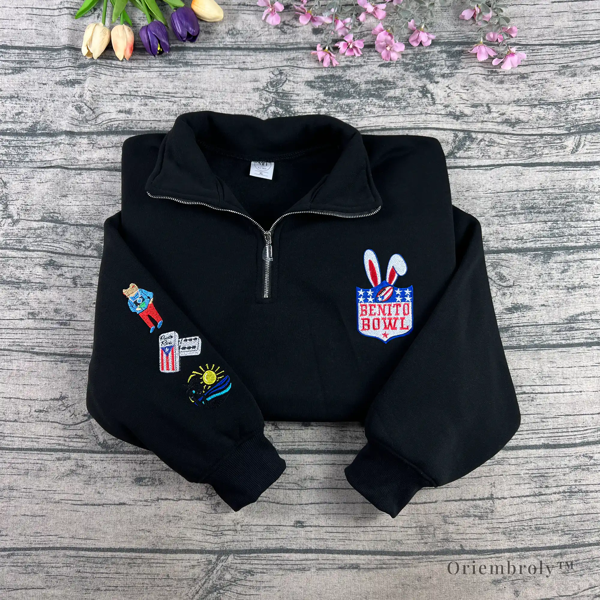 Bunny silhouette embroidery on football-inspired sweatshirt