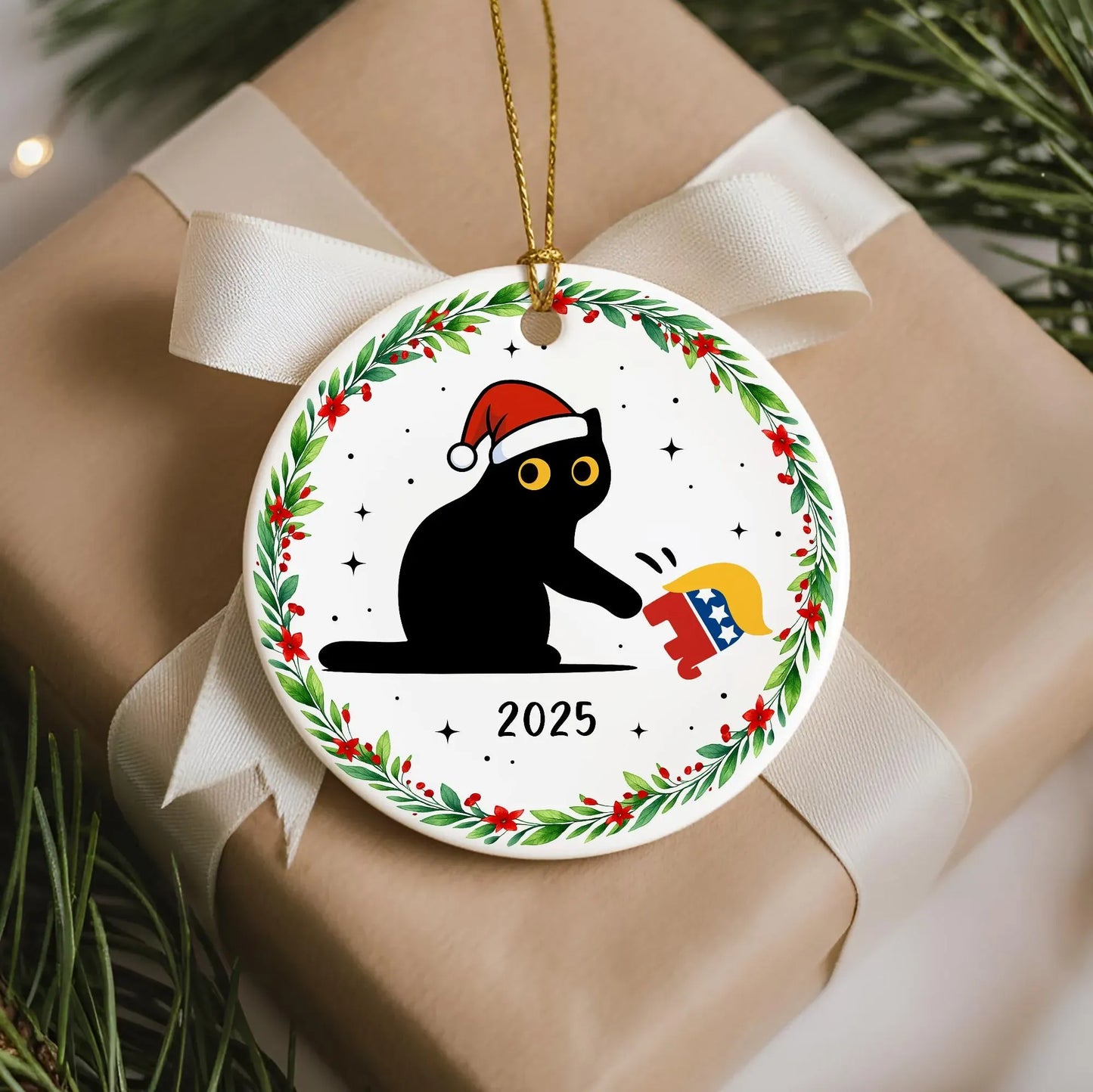 Funny cat Xmas ornament with embroidered details