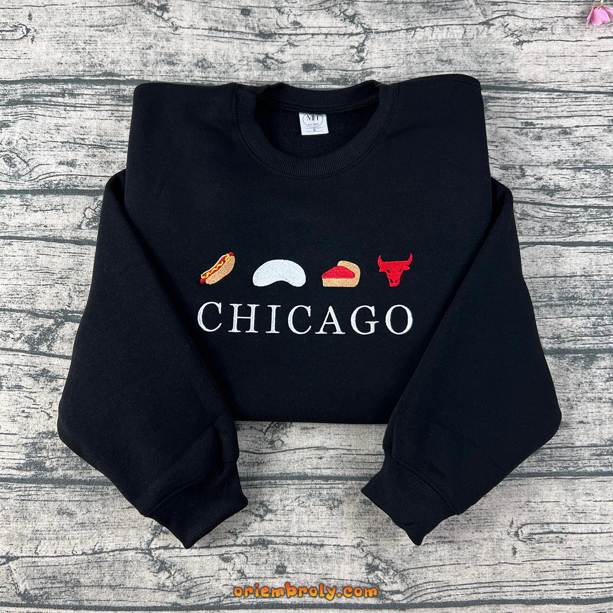 Embroidered Chicago sweatshirt with city landmarks