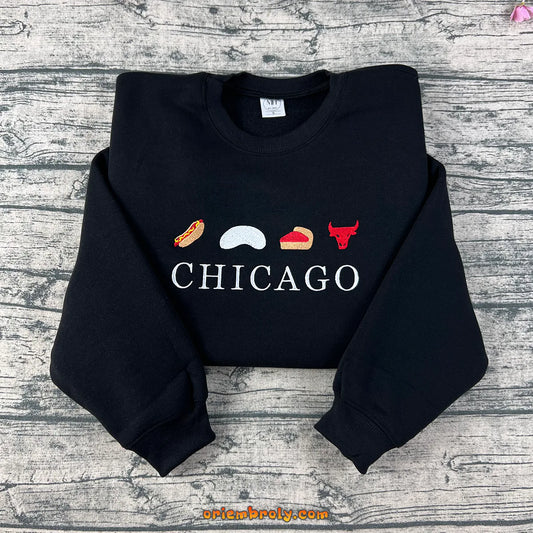 Embroidered Chicago sweatshirt with city landmarks