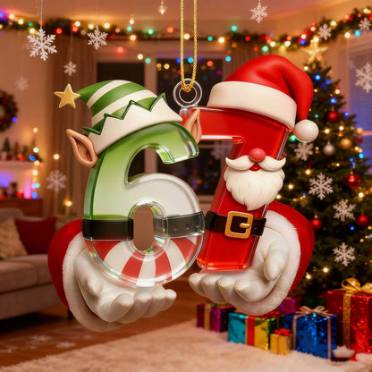 A festive Christmas ornament featuring the numbers 6 and 7, decorated as an elf and Santa Claus figures, set against a blurred background of holiday lights and a Christmas tree.