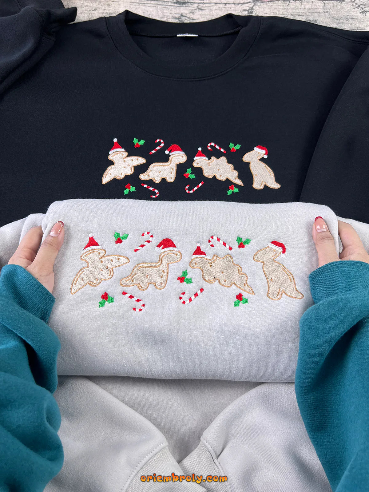 Cozy embroidered dinosaur cookie Christmas crewneck
