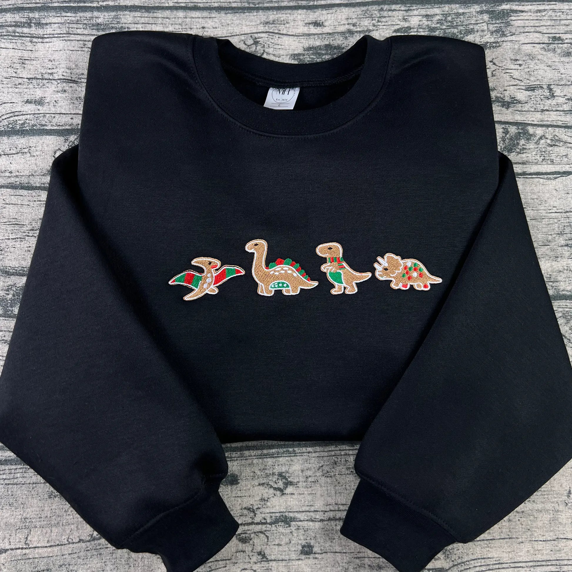 Christmas dinosaur embroidered sweatshirt perfect for family gatherings