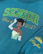 Class of 2027 embroidered senior crewneck sweatshirt with graduation design