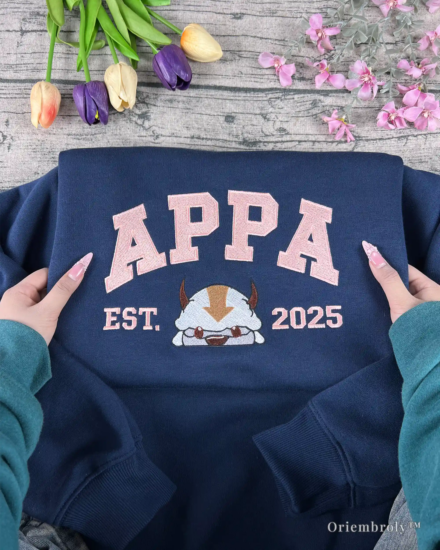 vintage collegiate embroidered crewneck sweatshirt flat lay