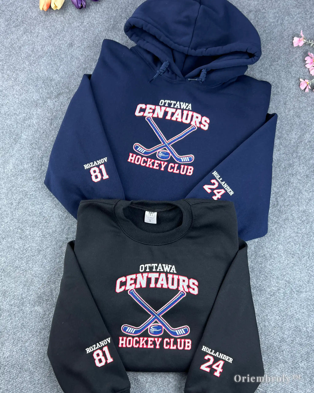 collegiate hockey hoodie navy blue embroidered design