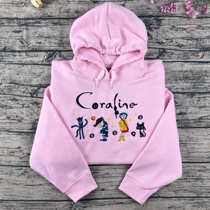 Coraline embroidered crewneck – horror doll Halloween cartoon movie shirt for spooky season