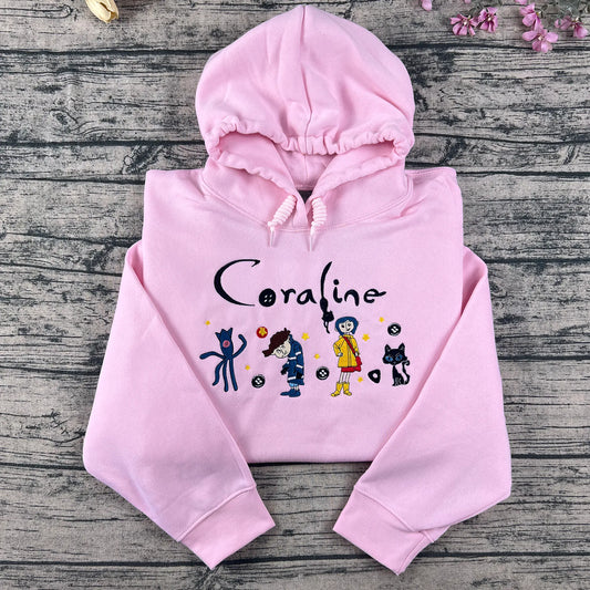 Coraline embroidered crewneck – horror doll Halloween cartoon movie shirt for spooky season