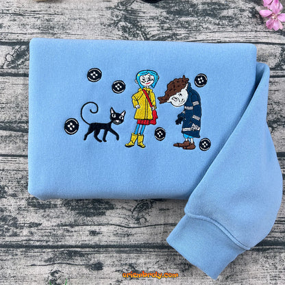 Coraline Embroidered Sweatshirt, Button Eye Hoodie, Spooky Halloween Gift, Aesthetic Coraline Movie Crewneck