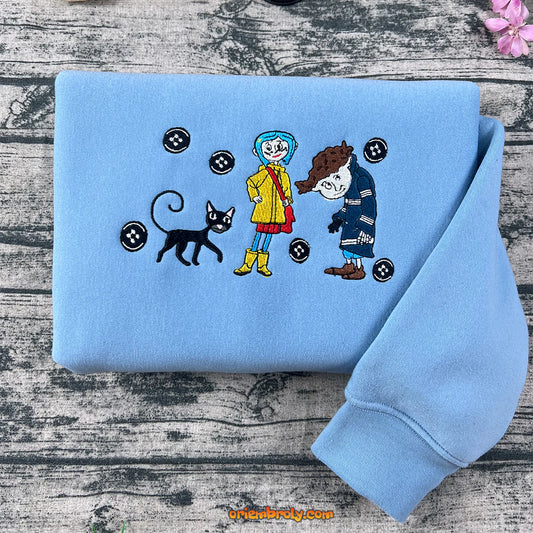 Coraline Embroidered Sweatshirt, Button Eye Hoodie, Spooky Halloween Gift, Aesthetic Coraline Movie Crewneck