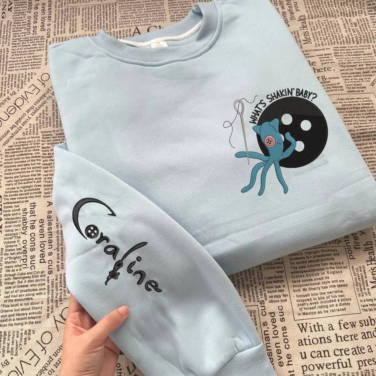 Coraline embroidered sweatshirt inspired by Halloween horror movie