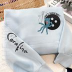 Spooky Coraline hoodie with stitched doll face embroidery