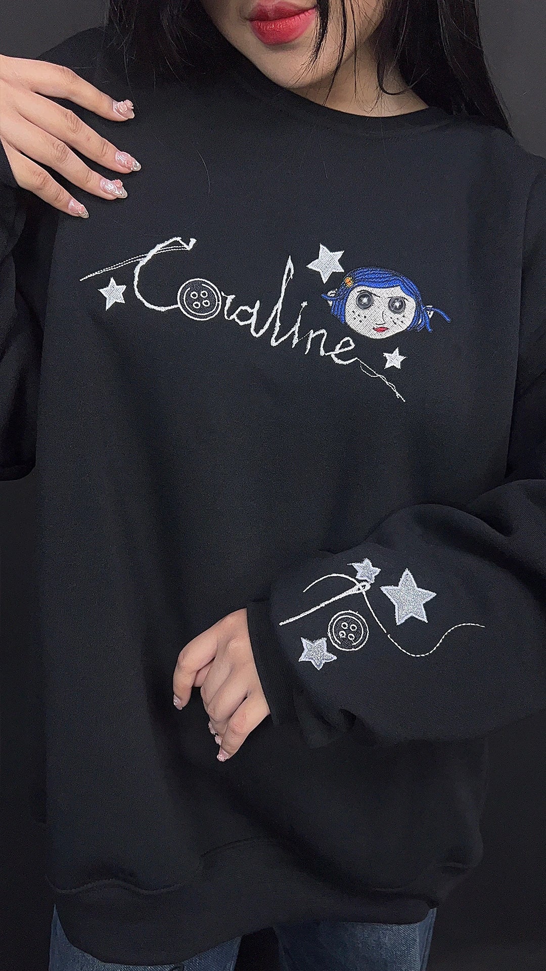 Coraline Inspired Scary Doll Embroidered Sweatshirt – Spooky Horror Shirt Gift for him and her