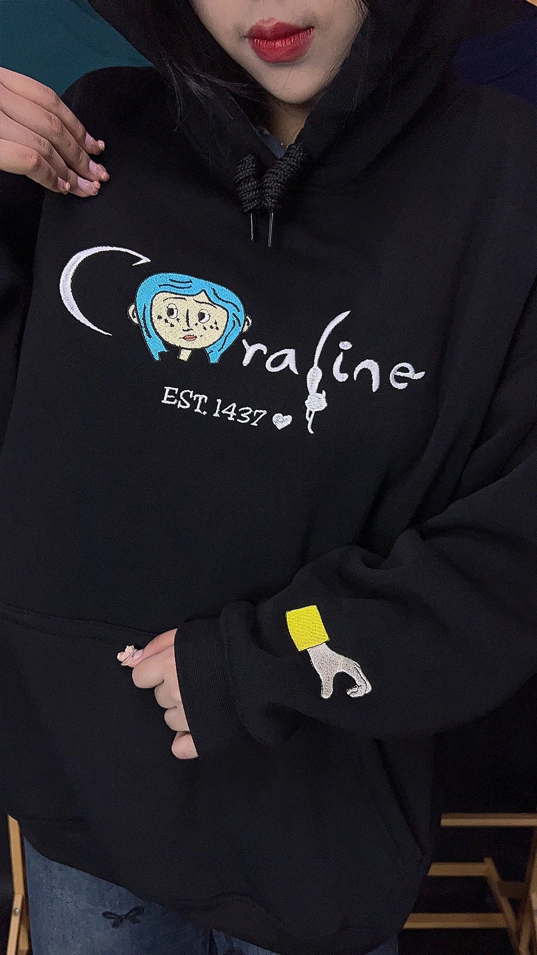 Coraline and Wolfie fan merch – embroidered hoodie sweatshirt, personalized bookish gift