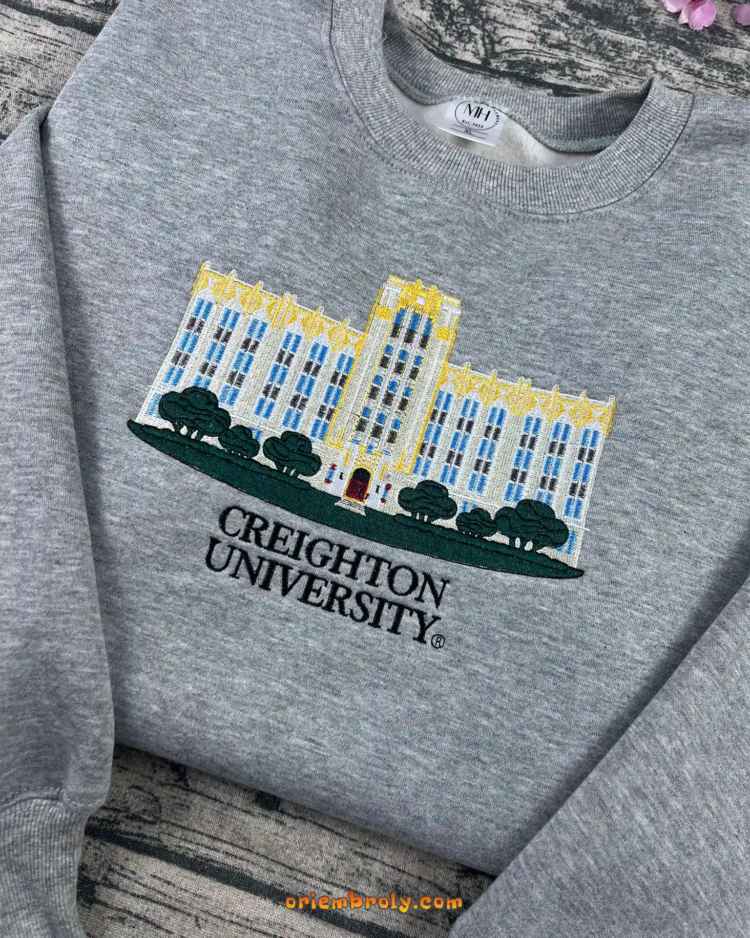 CU college sweatshirt with detailed building embroidery