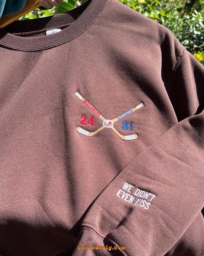 Textured hockey embroidery on crewneck sweatshirt