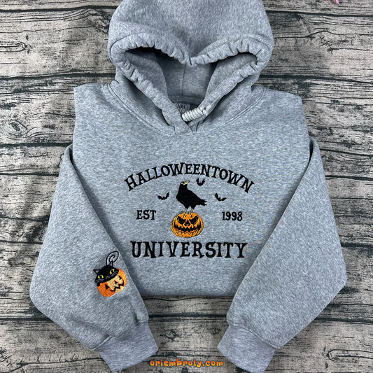 Crow and pumpkin embroidered sweatshirt spooky fall design