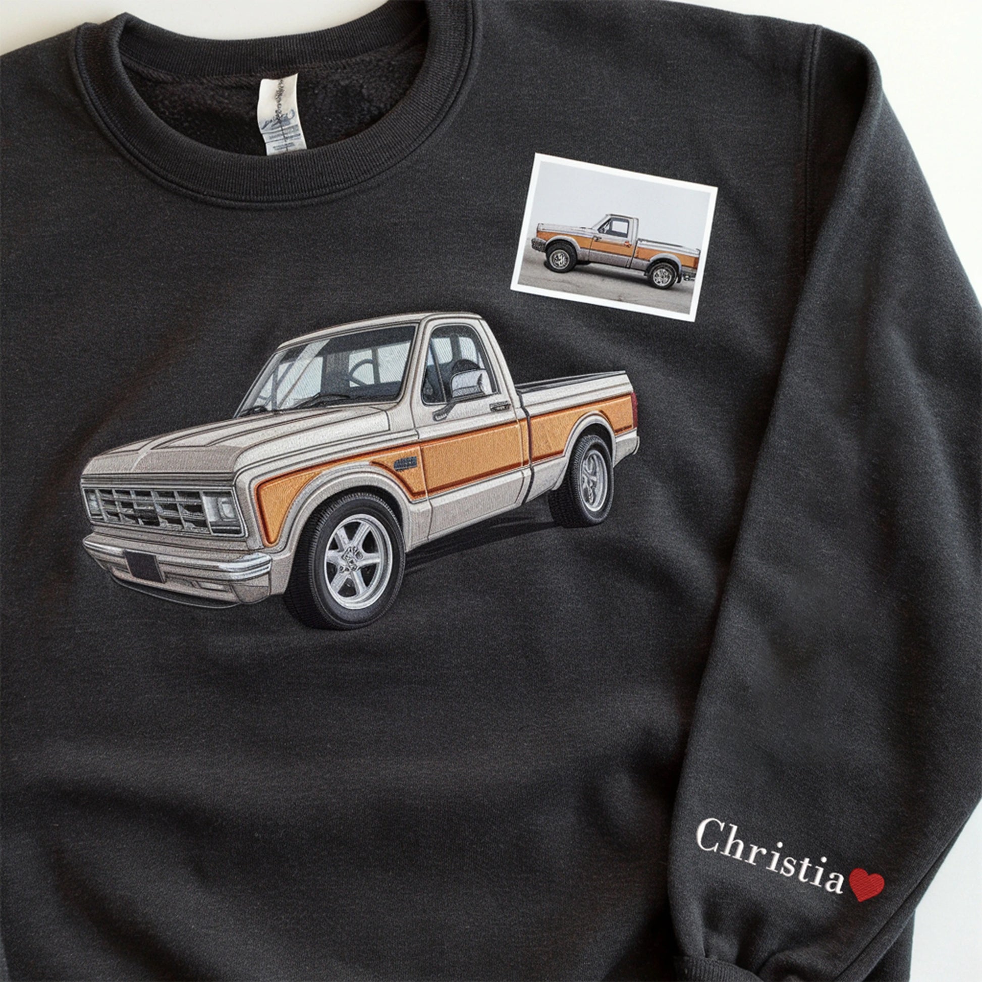 Custom embroidered sweatshirt with car design, personalized hoodie for car lovers.