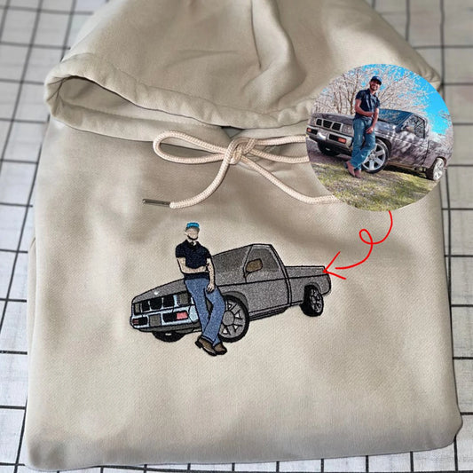 Custom embroidered sweatshirt featuring a personalized car design, perfect gift for car lovers and dads.