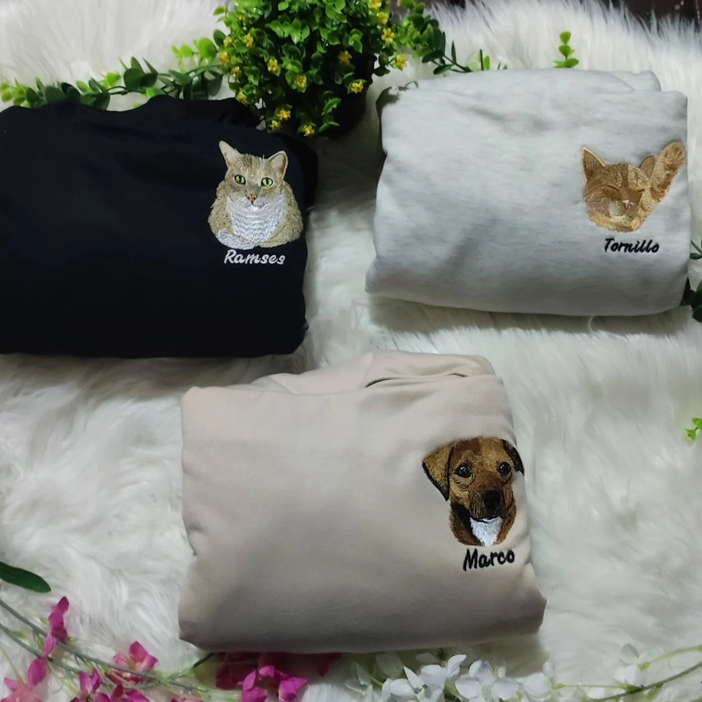 Custom cat embroidered sweatshirt with personalized pet design