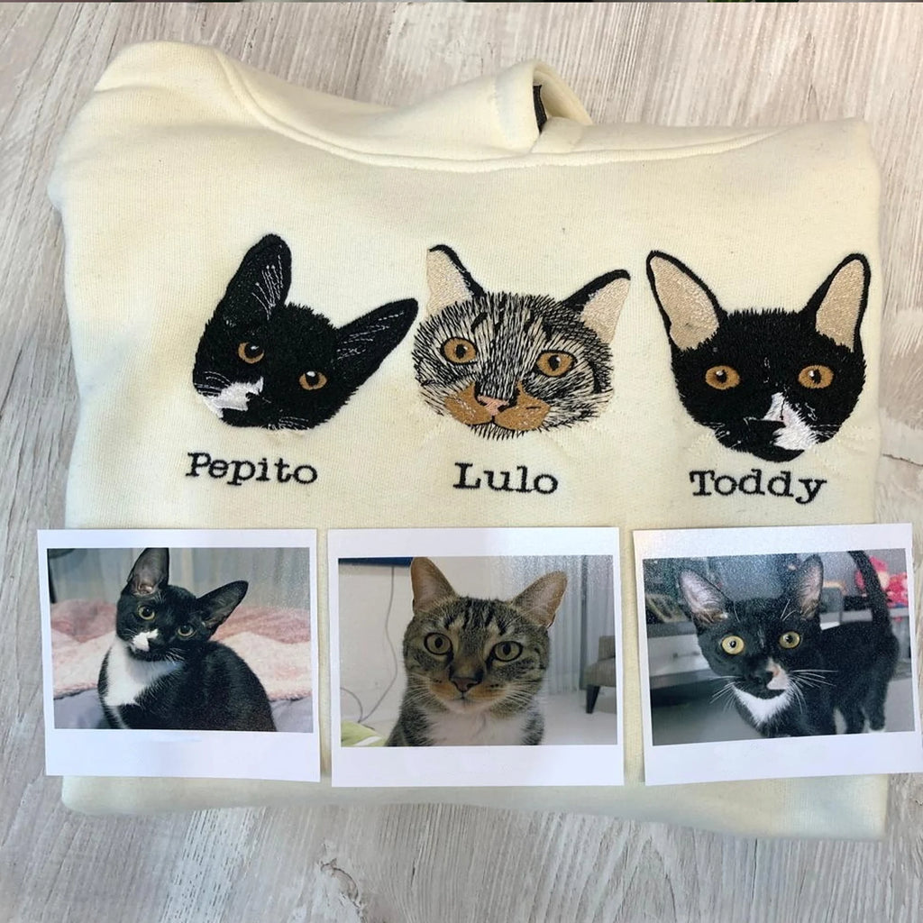 Custom cat face colored embroidered sweatshirt with pet name – perfect gift for cat moms and pet lovers.