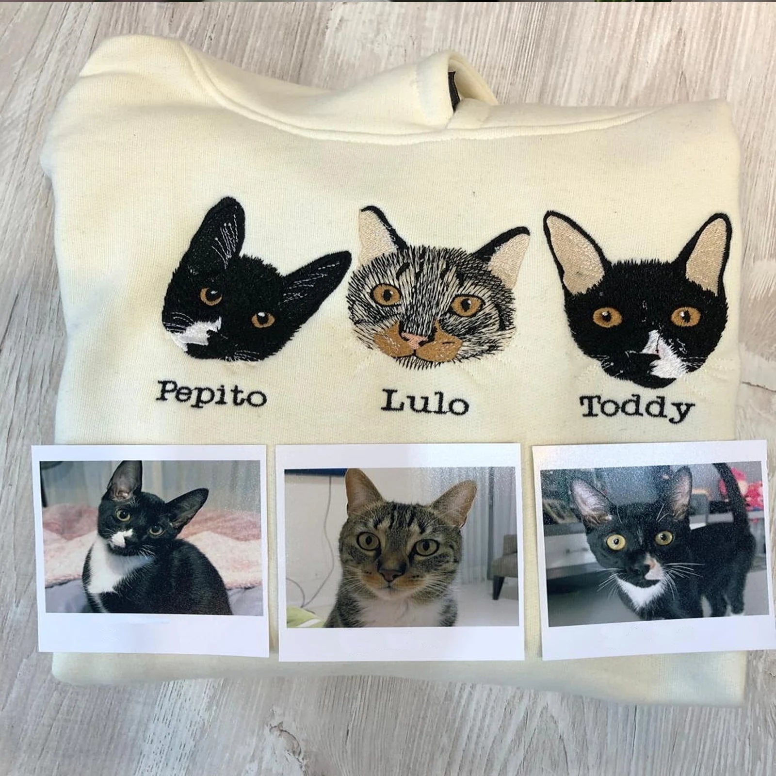 Custom cat face colored embroidered sweatshirt with pet name – perfect gift for cat moms and pet lovers.