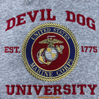 Gray sweatshirt with 'Devil Dog University' text and Marine Corps emblem.