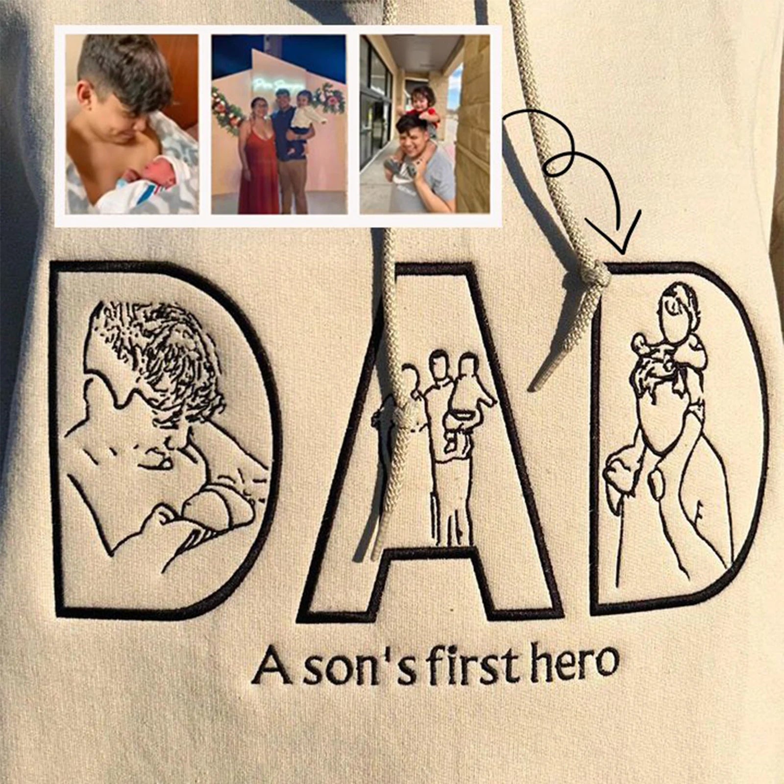 Custom embroidered Dad sweatshirt with personalized photo portrait, perfect sentimental gift for Father's Day.