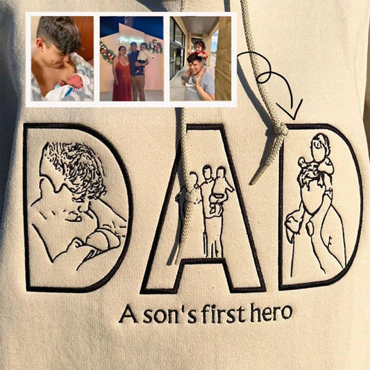 Custom embroidered Dad sweatshirt with personalized photo portrait, perfect sentimental gift for Father's Day.