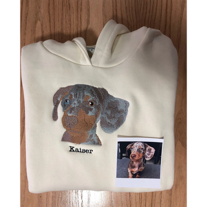 Custom dog face embroidered sweatshirt with personalized pet portrait design