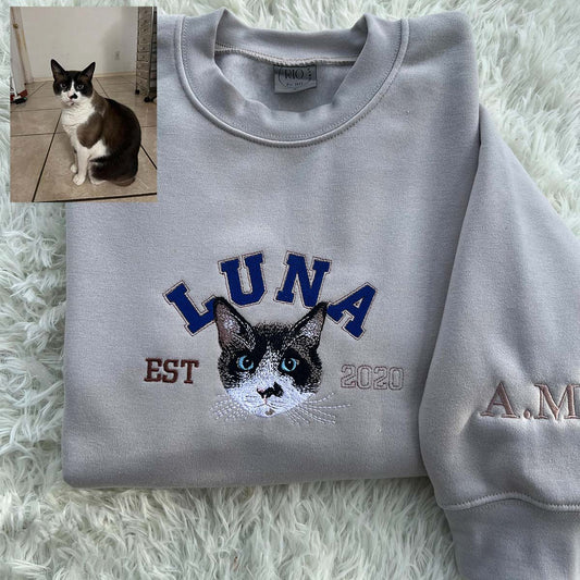 Personalized Cat portrait embroidered hoodie featuring a custom pet design.