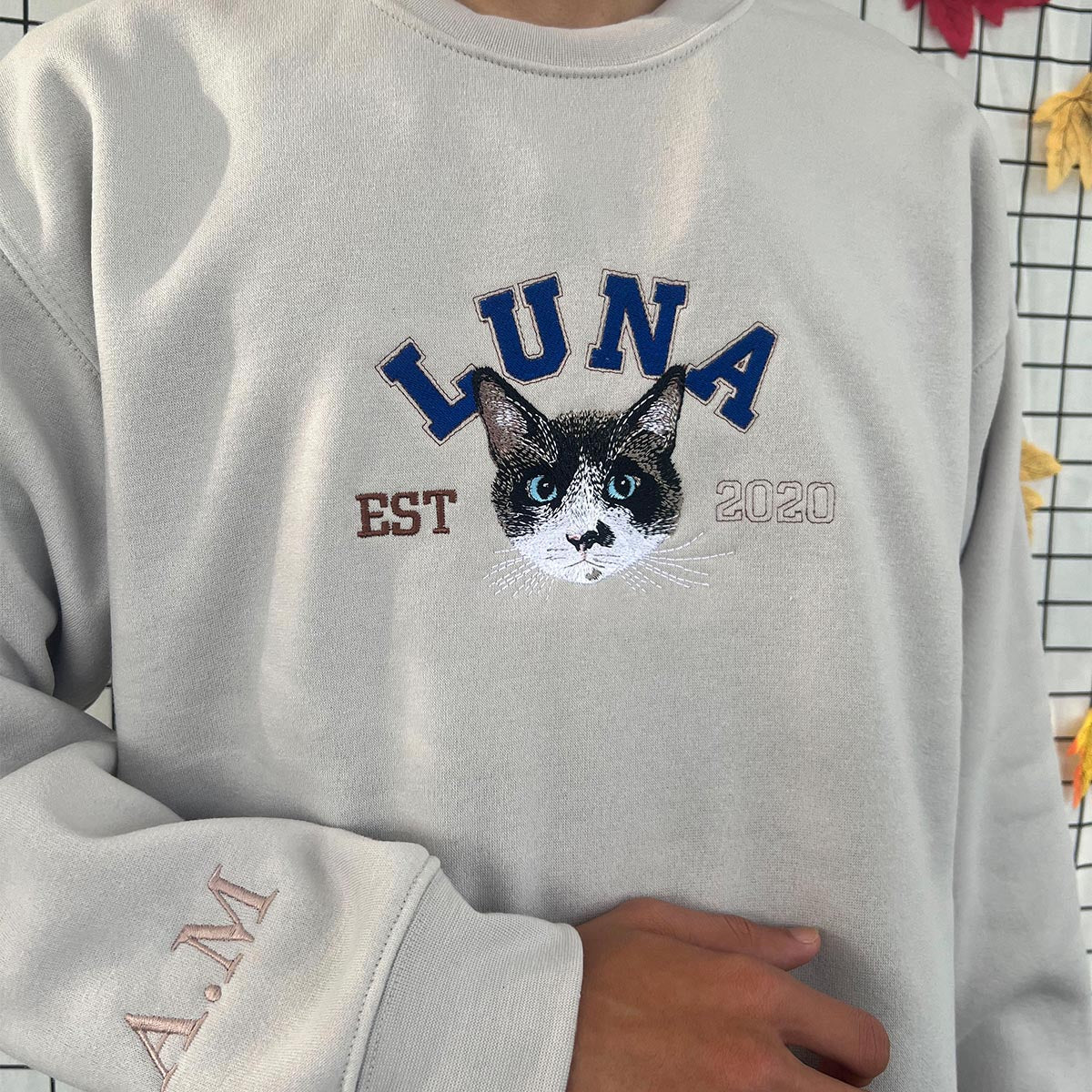 Personalized Cat portrait embroidered hoodie featuring a custom pet design